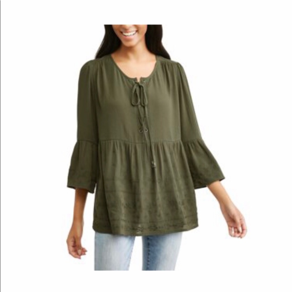 Time and tru Womens Size Small 4-6 Peasant Top Relaxed Fit Smock Olive Green New